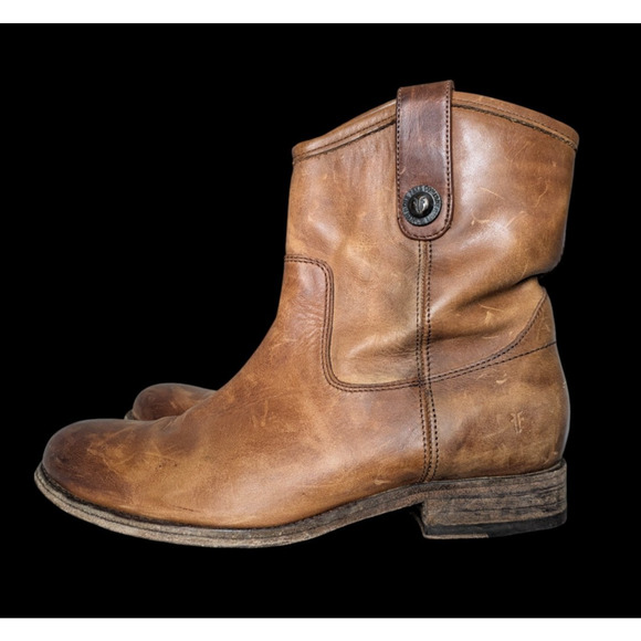 Frye Melissa Button Short Boots Sz 6 Cognac Brown Leather Distressed Rustic Low - Picture 3 of 12